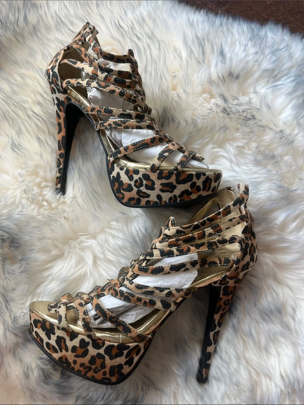 Bonnibel Leopard Print Strappy Platform Sandals with Gold Accents